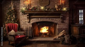 roaring fire in a vintage brick fireplace decorated. seamless looping overlay 4k virtual video animation background