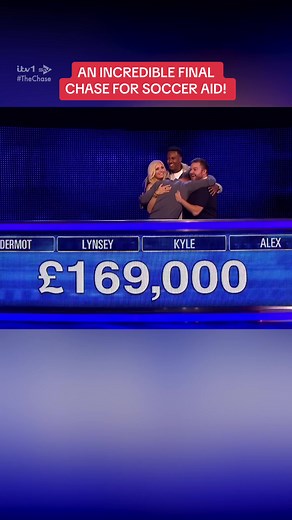 Friday’s episode ended in an INCREDIBLE Final Chase – one for the history books 😱 Not only that, that's an amazing amount of money going to UNICEF in the name of @Soccer Aid! Well done to Alex Brooker, Kyle Walker, Lynsey Hipgrave, and Dermot O'Leary for such a nail-biting and well-earned win! 👏👏👏 #TheChase #SoccerAid #gameshow