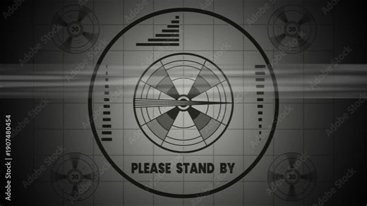 Please stand by screen displays a falloutstyle tv test pattern for a retro waiting visual. tv test pattern for a retro falloutstyle visual ideal for creating suspenseful and vintagethemed designs.
