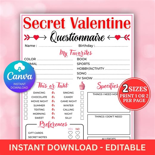 Secret Valentine Questionnaire, Printable Secret Valentine Gift Exchange, All About Me, Editable Survey, Valentines Gift Exchange Ideas - Etsy