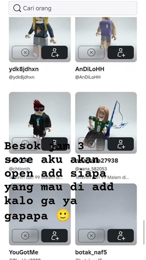 siapa yang mau add oiy nama akun Roblox ku Lissianeki y🙂