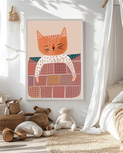 Sleeping Cat Wall Art, Cozy Nursery Decor, Bedtime Animal Print, Boho Patchwork Quilt, Cute Kitten Illustration, Digital Download - Etsy