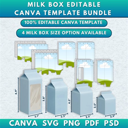 4x Sizes Milk Box Template Bundle | 2.5" 4.5" 5.8" 6.9" Milk Carton SVG | Gift Box & Party Favor Template, DIY Printable Box, Canva Editable - Etsy