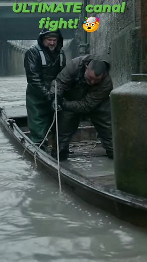 Witness the **ultimate** urban horror show and a **terrifying** battle! Two rugged men in a small boat are straining hard on a line in a murky, desolate concrete canal. They are fighting an immense, **hidden** force lurking beneath the surface. (Keyword Density: Urban monster, ultimate struggle, shocking breach, canal fishing, terrifying power, cinematic action). Suddenly, the water explodes as an **unbelievable**, massive creature violently breaches, striking the side of the boat and nearly tos