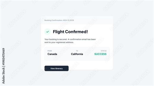 Flight booking confirmation user interface animation with success status message and travel itinerary button