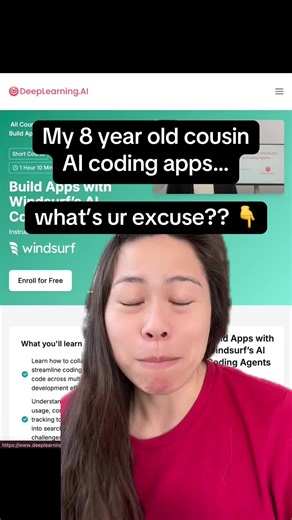 Sabrina Ramonov 🍄 on Instagram: "FREE course: learn how to use AI coding agents to build simple apps, made available by Windsurf + DeeplearningAI. Course link below and at end of video (take a screenshot and drop it into ChatGPT to type the URL). 🔗 https://www.deeplearning.ai/short-courses/build-apps-with-windsurfs-ai-coding-agents/ #ai #learning #coding #sabrinaramonov #greenscreen"
