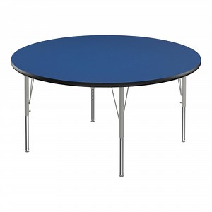 Correll Deluxe 48" Round Blue 19"-29" Adjustable Height High-Pressure Laminate Top Activity Table with Silver Legs and Black T-Mold