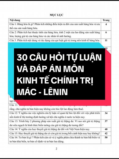 30 Câu Hỏi Tự Luận Môn Kinh Tế Chính Trị Mác - Lênin