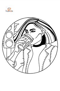 Coffee and young girl - Drinks coloring pages for Adults online