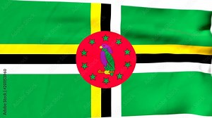 The waving flag of Dominica opens up the view to the position of Dominica on a colored world map