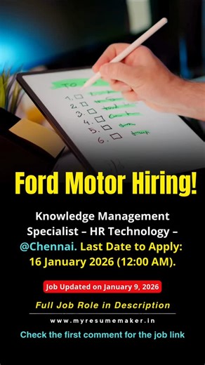 “MNC hiring HR Technology Specialist in Chennai! Hybrid role | Apply before Jan 16” 🏢 Position Knowledge Management Specialist – HR Technology 📍 Location Chennai, Tamil Nadu, India (Hybrid) 🗓️ Post Date 09 January 2026 ⏳ Last Date to Apply 16 January 2026 (12:00 AM) 🕒 Work Schedule Full-Time | Shift: 12:30 PM – 10:00 PM 🧾 Job Description The Knowledge Management Specialist – HR Technology plays a critical role in supporting, enhancing, and maintaining enterprise HR technology platforms incl