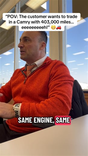 Charlie on Instagram: "“POV: The customer wants to trade in a Camry with 403,000 miles… eeeeeeeeeh!” 😬🚗 #carsalesman #POV #CarSales #TradeIn HighMileage CarDealerLife SalesHumor"