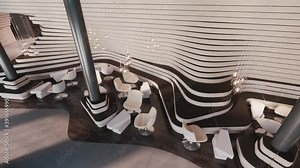 Modern lounge area in the hotel lobby. Above view of hotel lobby and lounge area. 3d visualization