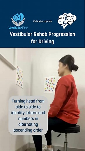 🚗 Dizzy while driving or riding as a passenger? 💡 Here are a few vestibular rehab ideas to work on tolerance to visual and self-motion challenges for driving. 📝 Note: Individualized vestibular rehab is best. vestibular.org is one way to find vestibular specialists in the US. ⏰ Start short duration (10 seconds) and try not to let the symptom level increase more than 2 units from baseline. Dynamic Visual Processing Under Motion 👁️🔄 We’re incorporating head movement with visual discrimination 
