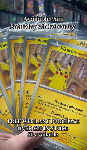 We have our allocation of pikachu at the museum jumbo cards available Saturday morning from 9am. They will be free with ANY purchase over £20 in store. We will be releasing these in two waves, first wave is Saturday to anyone spending over £20 and the second wave will be announced soon and given only to kids. After speaking to Asmodee we cannot take these in for trade until after April 16th when the museum event ends. #pokemon #pikachu #pokemoncommunity #pokemontcg #pokemonfan 📍Buy.Play.Trade. 