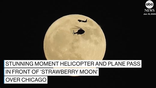 A Chicago man captured the stunning moment a helicopter and plane passed simultaneously in front of June's radiant "strawberry moon." https://abc11.com/post/look-see-junes-full-strawberry-moon-milky-multiple-planets/16713828/ | ABC11 WTVD