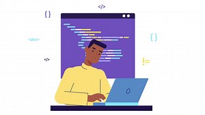 Programmer developer working on code, coding, testing, debugging, analysing. Web development young man works with programming languages. freelance IT worker 4k looped animated character. Stock footage | Premium Stock Video Footage