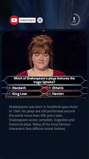 Do You Know Which Shakespeare Play Features Ophelia?🎭🤔 #quiz #millionaire #literature #shakespeare