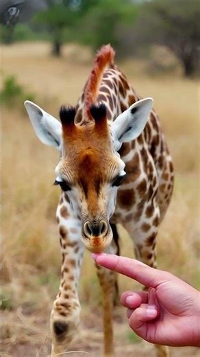 A tiny baby giraffe carefully walks along a human finger, then lowers its long neck #giraffe#animals