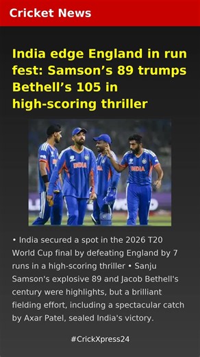 India edge England in run fest: Samsons 89 trumps Bethells 105 in high-scoring thriller | Cricket Ne