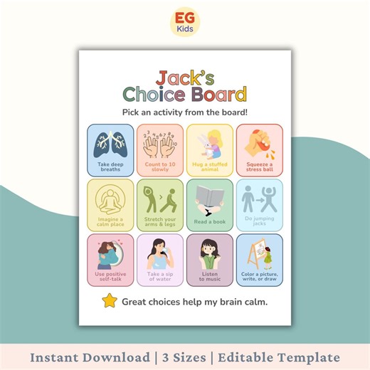 Calm Down Choice Board Printable, Kids Emotional Regulation Tool, SEL Visual Aid, ADHD Calm Corner Poster, ASD Behavior Support Chart - Etsy