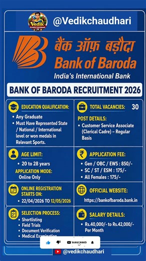 Bank of Baroda Recruitment 2026 | New Vacancy 2026 | Govt Job #shorts​ #latestjobs #bob