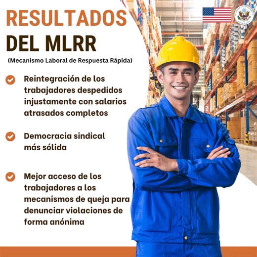 3.7K views · 45 reactions | El U.S. Department of Labortment of labor y el Office of the United States Trade Representative continúan defendiendo los derechos de los trabajadores en . La conclusión del caso del Mecanismo Laboral de Respuesta Rápida del #TMEC en #Guanajuato, resultó en beneficios y mejores condiciones para los trabajadores. Más información: bit.ly/4cWmpYA y bit.ly/3UdIZEJ | Embajada Estados Unidos en México | Facebook
