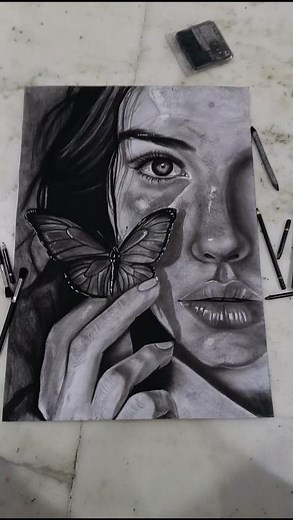 Hyper Realistic Girl with Butterfly 🦋| Detailed Sketch#shortvideo#art#artshorts#ytshorts#yt#Shorts