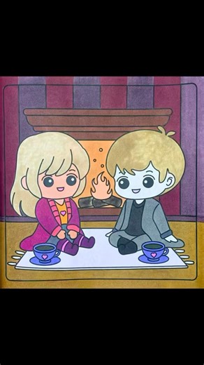 Flat-color style coloring of By the Fire page, gentle and calming home atmosphere.