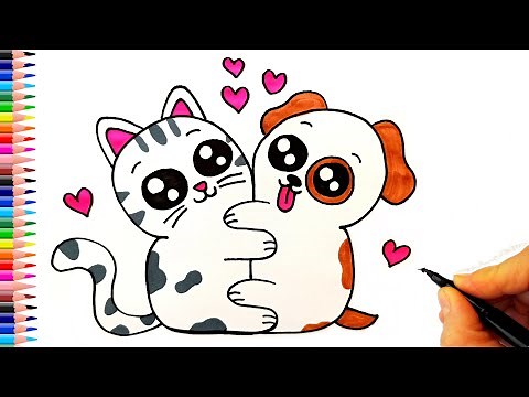 Birbirine Sarılmış Kedi ve Köpek Çizimi 😻🐶 Kedi Çizimleri - Köpek Çizimleri - Kolay Çizimler