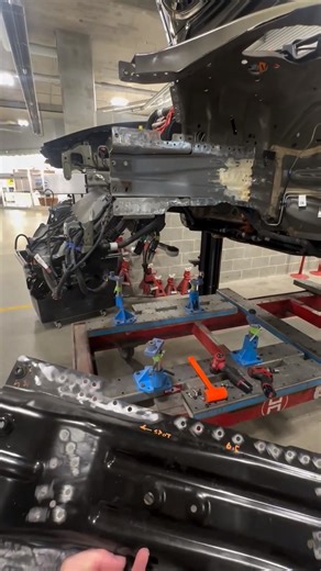A replacement frame rail section has been installed on this Model 3, along with the other components. Considering all the bonding, riveting, and welding involved in the repair, the Tesla Model 3 is mounted on a Celette bench. . Original video and all the work done by : Luxury Car Repair in Vancouver,Canada . #celette #celettebench #tesla #teslamodel3 #teslacertified | Celette