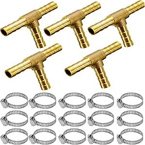 YOUHO 5PCS 5/16 Brass Hose Barb Tee, 3-Way Tee Hose Fitting (5/16" x 5/16" x 5/16" tee Hose Connector)