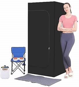 Full Body Personal Home Sauna Box, Portable Steam Saunas Tent, 1100 W & 3 L Sauna Steamer, Remote Control, Foldable Chair(Black)