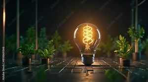 glowing plants growing on computer chip representing digital ecology business. One of Lightbulb glowing among shutdown light bulb in dark area with copy space for creative thinking , problem solving