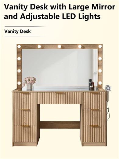 This multifunctional vanity table integrates a tri-tone lighted mirror with stepless dimming, spacious drawers, built-in charging ports, and a hair dryer holder. It offers a seamless beauty experience. Please check the color, mirror size, and number of drawers before purchasing.#cozyhomestyle #indoorfurniture #livingmybestlife #Amerlife #furniture #fyppppppppppppppppppppppp #vanity