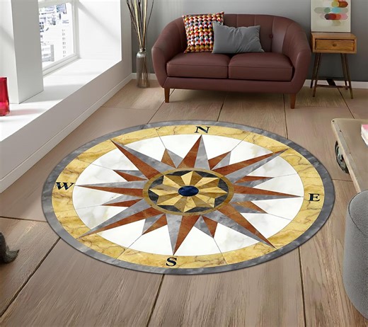 Nautical Compass Round Rug, Marble Texture, Traditional Style - Etsy