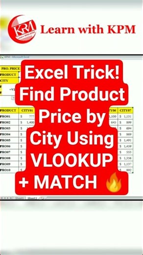 Excel Trick! Find Product Price by City Using VLOOKUP + MATCH 🔥 #shorts #excel