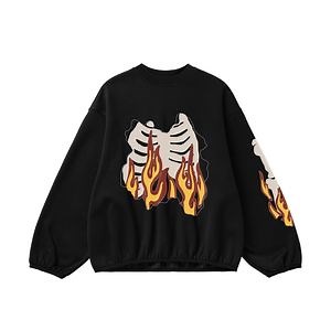 [Hot Item] Custom Men's Flame Bones Fleece-Lined Round Neck Streetwear Hoodie