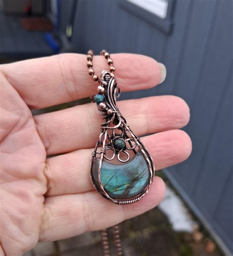 Copper Wire Wrapped Labradorite Crescent Moon Pendant Necklace - Etsy