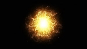 Yellow energy orb background animation. 3d abstract energy sphere ball with orange power rays on dark background. Nuclear energy, Big Bang, Supernova. Science, technology, innovations, Universe. 4k.