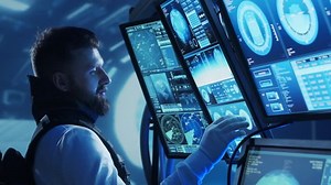 Astronaut in a space suit aboard the orbital station. Cosmonaut piloting the spaceship. Man in space. Galactic travel and science concept.