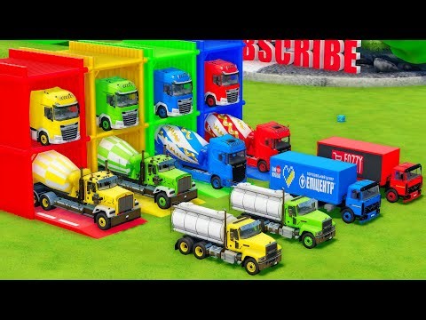 Garage with Colors - ALL MIXER TRUCK WITH DOUBLE FLATBED TRAILER TRUCK, KENWORTH, SCANIA, MACK, MAZ