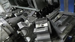 Manufacture of plastic water pipes. Manufacturing of tubes to the factory. The process of making plastic pipes on the machine tool with the use of water and air pressure. Special corrugated forms.