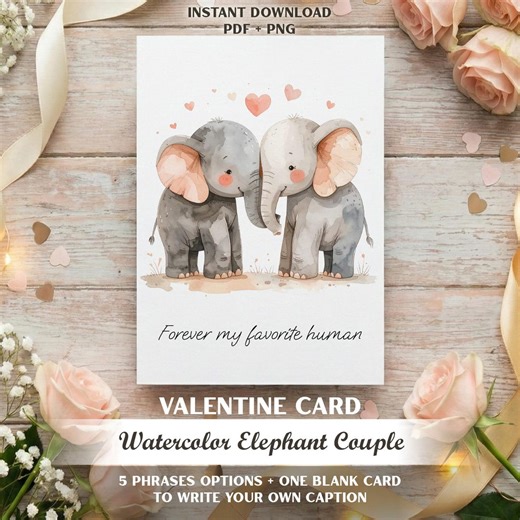 Watercolor Elephant Couple Valentine Card Printable Set | Anniversary Birthday Love Card - Etsy