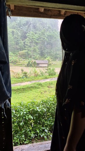 House window with waterfall view