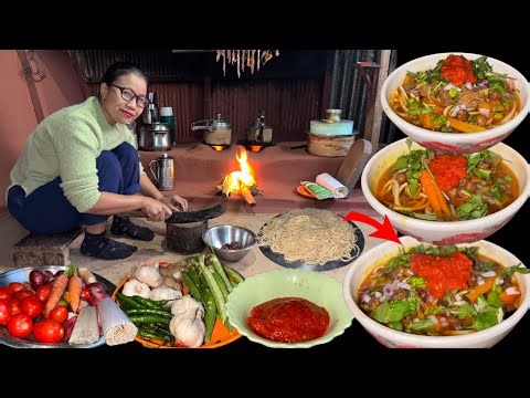 Nepali Style Noodles Soup Recipe || Buff Noodles Soup with Spicy Chutney || Village Winter Recipe