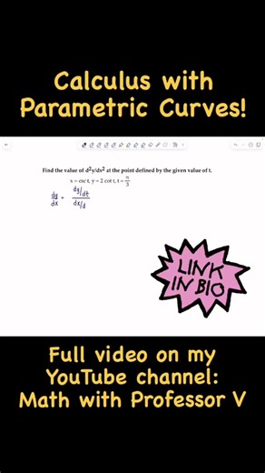 Need help with parametric curves in your math class? Struggle no more, you’ve come to the right place! Whether you’re in Calc 2, Calc 3, or even precalc I have video lectures breaking down this topic for you so you can master it in no time! 😉 Parametric curves, derivatives, integrals, and all other things Calculus related are explained on my youtube channel! New uploads daily, link in bio! Xoxo, Professor V #mathwithprofessorv #mathvideos #calculus3 #relatedrates partialderivatives #differentia