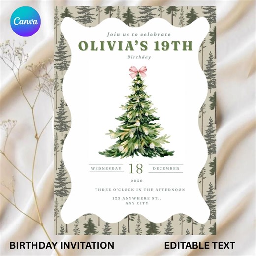 Pine Tree Birthday Invitation December Birthday Adult Nature Theme Party Christmas Invite Woodland Invitation Xmas Modern and Minimalist - Etsy