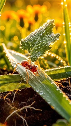 Ultra Macro Shot of a Red Ant Carrying a Giant Leaf 🍃🐜 | 8K Cinematic