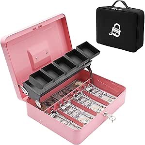 Locking Cash Box with Carry Bag, Metal Money Box with Money Tray, Durable Lock Safe Box with Key, 4 Bill 5 Coin Slots,Cantilever, Large Combination Code Cash Boxes, Money Saving Organizer Pink